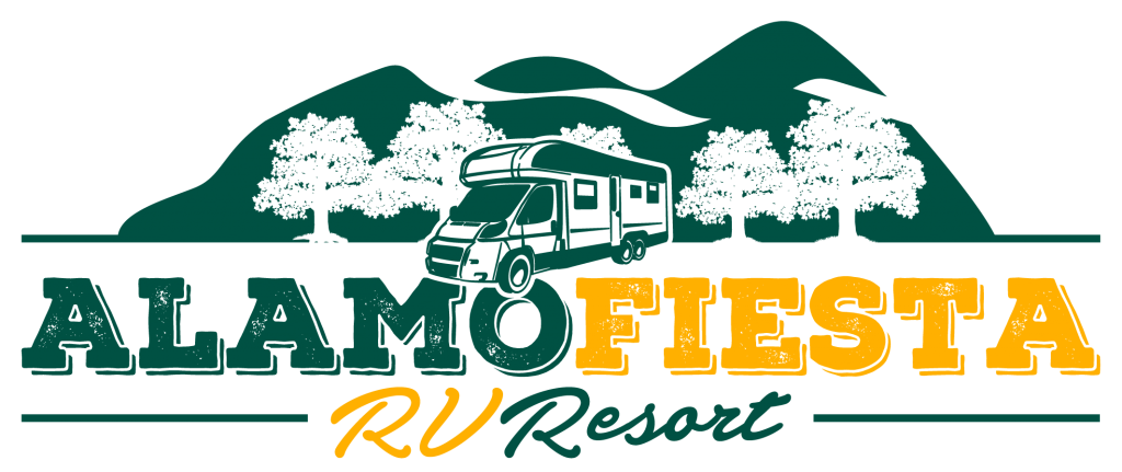 Logo of Alamo Fiesta RV Resort featuring hills and an RV in the middle. The logo is green and yellow.